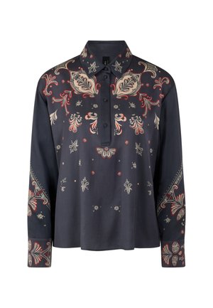 Dark navy shirt made of smooth fabric, featuring intricate paisley patterns in cream, red, and black. Includes a buttoned collar and long sleeves.