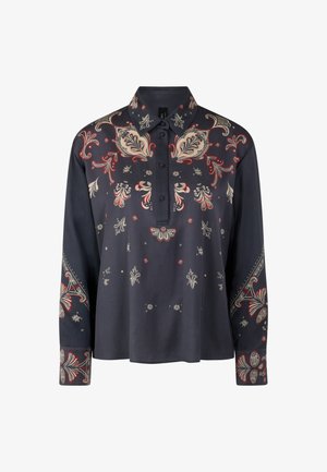 Dunkelmarineblaues Hemd aus glattem Stoff mit kunstvollen Paisley-Mustern in Creme, Rot und Schwarz. Mit einem Knopfkragen und langen Ärmeln ausgestattet.