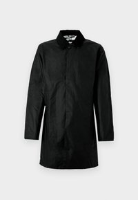 Black trench coat made of lightweight material, featuring a collared neck, long sleeves, and a straight silhouette. No visible hardware or pattern.