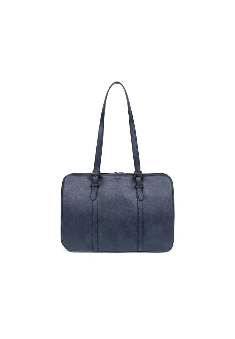 Borsa tote in pelle blu navy con due manici lunghi, forma rettangolare, texture liscia e sottili dettagli di cucitura verticale sulla parte anteriore.