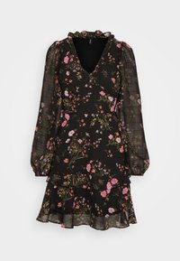 Musta sifonimekko, jossa on vaaleanpunaisia kukkakuoseja, pitkät läpinäkyvät puff-hihat, V-pääntie, röyhelökaulus ja kerroksellinen helma.