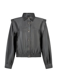 Gray cropped jacket with a button-down front, large collar, elastic waistband, and textured fabric. Features prominent shoulders and metallic buttons.