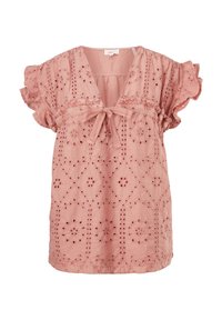 Blusa corta a maniche corte in rosa antico con ricami ad occhiello, scollatura a V e vita arricciata con dettaglio a fiocco nella parte anteriore. Maniche a volant.