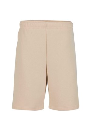 Pantaloni shorts beige chiaro realizzati in un tessuto morbido, con una vita elasticizzata e un design semplice con gambe dritte e orlature.