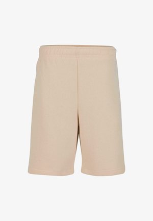 Világosbézs rövidnadrág, puha anyagból készült, rugalmas derékkal és egyszerű, egyenes, szegélyezett lábakkal.