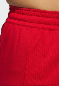 Shorts deportivos rojos con textura de malla, que cuentan con una cintura elástica y costuras planas. La tela parece transpirable con pequeños orificios de ventilación.