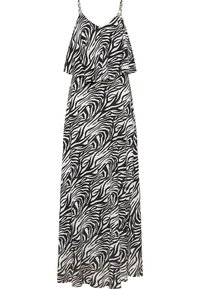 Schwarzes und weißes Maxikleid mit Spaghetti-Trägern, das ein geschichtetes Rüschendesign oben und ein Zebra-Streifenmuster im gesamten Stoff aufweist.