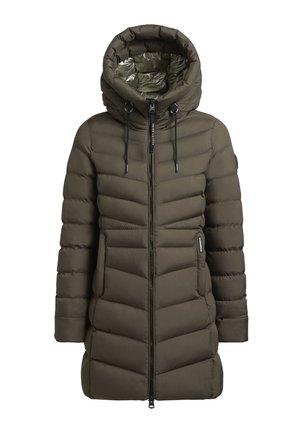 Olivengrøn pufferjakke med hætte, med lynlås, sidelommer og en quiltet design for isolering og varme.