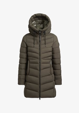 Abrigo de plumas verde oliva con capucha, con cierre de cremallera, bolsillos laterales y un diseño acolchado para aislamiento y calidez.