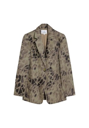 Blazer de un solo botón con solapas con muesca, que presenta un patrón abstracto de animal en tonos marrón y negro.