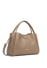 Borsa a tracolla in pelle grigia con finitura texturizzata, forma arrotondata, doppi manici, accessori in oro e logo dorato sul davanti. tracolla regolabile.