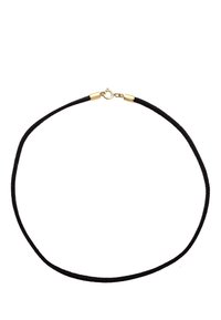 Black suede choker necklace with a smooth surface, featuring gold-tone metal hardware and a secure lobster clasp closure.
