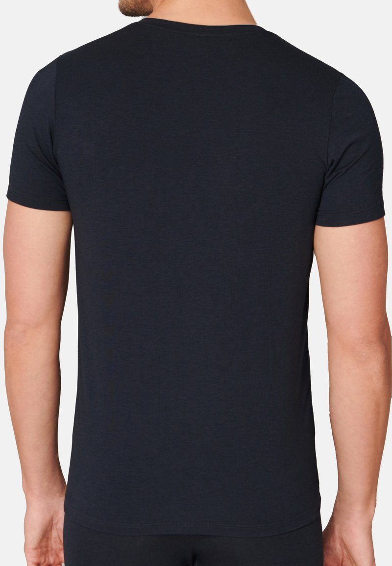Dunkelmarineblaues Kurzarm-T-Shirt aus glattem Stoff, mit rundem Halsausschnitt und figurbetonter Silhouette, Ansicht von hinten.
