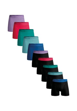 Colorful boxer shorts in various shades, including pink, green, blue, and black, with contrasting elastic waistbands labeled "MUCHACHOMALO."