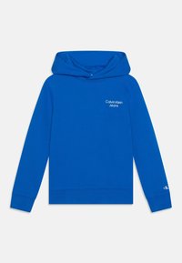 Hoodie in cotone blu con tasca frontale e maniche lunghe. Presenta il logo Calvin Klein Jeans in bianco sul petto e sul polsino della manica sinistra.