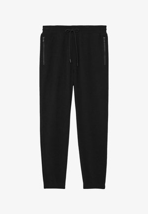 Pantalones jogger de punto acanalado negros con cinturilla elástica, cordón, perneras estrechas y bolsillos delanteros con cremallera sobre fondo blanco.