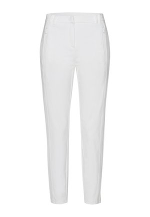 Pantalons blancs ajustés avec une texture lisse, dotés de poches zippées sur les côtés et d'une coupe près du corps qui se resserre au niveau de la cheville.