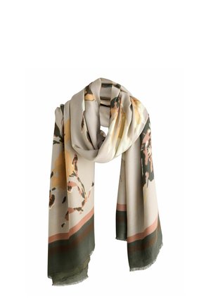 Foulard léger en tissu doux, présentant un motif floral dans des tons de beige, jaune et vert, avec des bordures en accent rose et vert foncé.