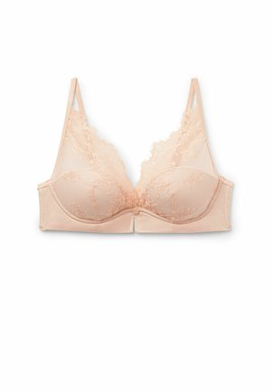 Soutien-gorge doux pêche avec dentelle, doté de soutien-gorge à armatures, de bretelles réglables et d'une fermeture à l'avant. Tissu microfibre avec un délicat motif floral.