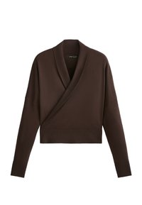 Smeđa skraćena omotana jakna s šalom na ovratniku i širokim rukavima, izrađena od mekog, teksturiranog materijala. Glatka završna obrada, minimalne detalje.