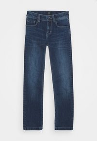 Tmavě modré džíny z denimu s přímým střihem nohavic, pěti kapsami, zapínáním na knoflík a zip a jemnými vybledlými detaily na látce.