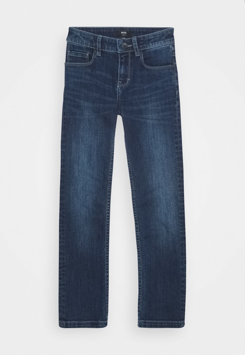 Tmavě modré džíny z denimu s přímým střihem nohavic, pěti kapsami, zapínáním na knoflík a zip a jemnými vybledlými detaily na látce.