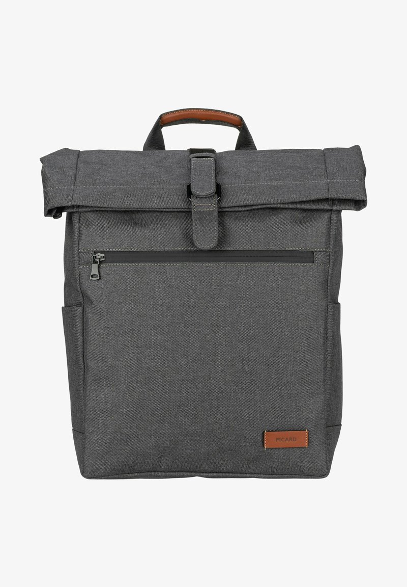 Grauer Stoff-Rucksack mit Roll-Top-Design, vorderer Reißverschluss-Tasche, Seitentasche und Lederakzent an der Basis. Verstellbare Schultergurte.