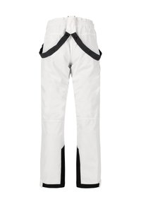 Witte outdoorbroek met zwarte accenten, elastische tailleband, zijzakken en versterkte onderbenen. Gemaakt van duurzaam, weerbestendig materiaal.