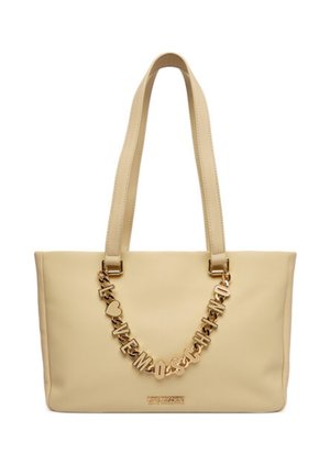 Borsa tote rettangolare beige con doppi manici e catena dorata con la scritta "LOVE MOSCHINO" sul davanti, piccolo logo sotto la catena.