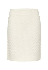 Gonna a maglia, colore crema, con una texture a rombi trapuntata, dotata di una vita a costine. Design semplice e dritto senza decorazioni.