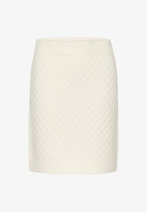 Striknederdel, cremefarvet, med diamantquiltet tekstur, og en ribbet talje. Simple, lige design uden dekorationer.