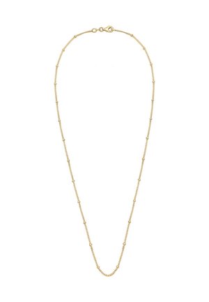 Fint guldhalskæde med små jævnt fordelte runde perler og en lås med hummerlukning på en hvid baggrund.