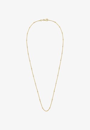 Collier délicat en chaîne d'or avec de petites perles rondes espacées uniformément et une fermeture à mousqueton sur fond blanc.