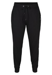 Pantaloni jogger neri realizzati in tessuto morbido. Dotati di una vita elasticizzata con cordino e polsini taperizzati alle caviglie. Design minimalista.