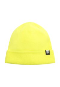 Stickad gul mössa med uppvikt kant, försedd med en liten svart logotyp-patch på sidan. Mjuk textur och stretchigt tyg.