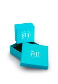 Boîte cadeau turqoise avec un couvercle, affichant le texte "Elli par Julie & Grace" en blanc. L'intérieur est doublé de velours vert foncé.