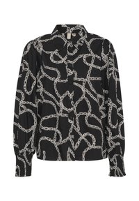 Camicia nera con bottoni e maniche lunghe, caratterizzata da un motivo a catena bianca. Realizzata in un tessuto liscio con polsini arricciati per un tocco di dettaglio.