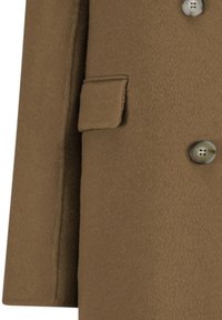 Brauner Wollmischungs-Mantel mit glatter Textur, ausgestattet mit einer einzelnen Brusttasche, zwei metallischen Knöpfen und einer taillierten Passform.