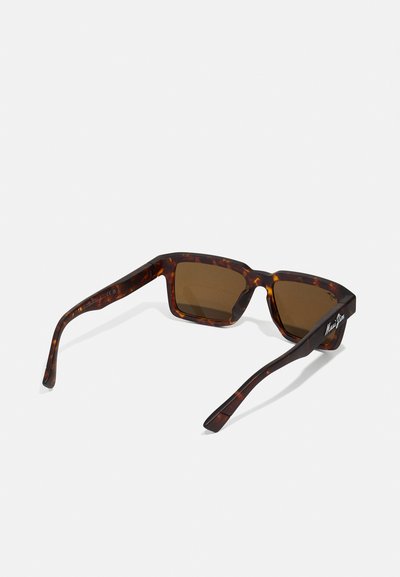 Tortoiseshell sunglasses with rectangular frames, brown lenses, and a textured finish. Features a logo on the temple.