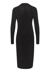Robe noire à manches longues avec une silhouette ajustée, coupe mi-genou, texture lisse et design minimaliste, dotée d'un léger éclat.