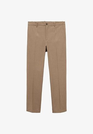 Pantaloni bej dintr-un material texturat, cu un design drept. Dispune de un nasture frontal, bucle pentru curea și buzunare laterale.
