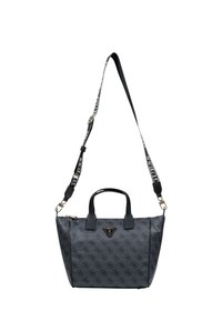Bolso negro de Guess con patrón de monograma, dos asas cortas y una correa desmontable y ajustable para el hombro con texto del logo.