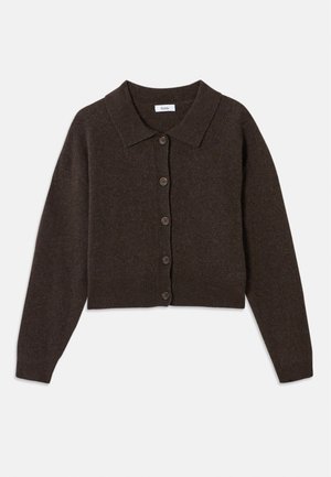 Cardigan à manches longues de couleur marron foncé, avec un col pointu et des poignets et un ourlet côtelés, présenté à plat sur un fond blanc.