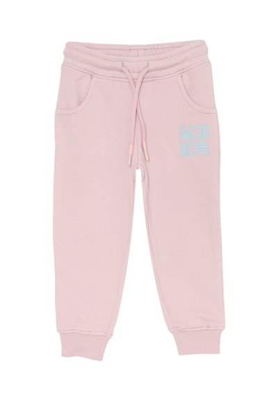 Pantaloni della tuta per bambini in morbido rosa, con vita elastica, cordino, tasche, polsini e logo JR azzurro chiaro sulla coscia destra.