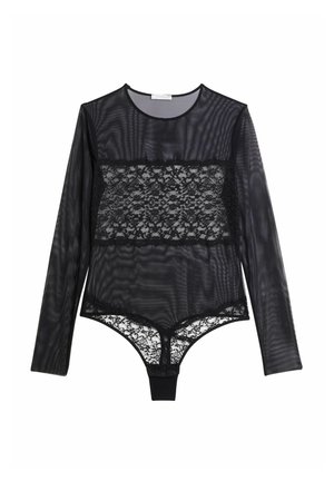 Zwarte langemouwen bodysuit met sheer mesh en kantpanelen, met een ronde halslijn en decoratieve kantafwerking langs de taille en onderkant.
