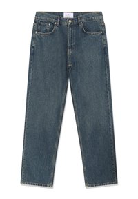 Temno modre denim hlače ravnega kroja, s petimi žepi in vidnim šivom. Imajo etiketo na zadnjem pasu.