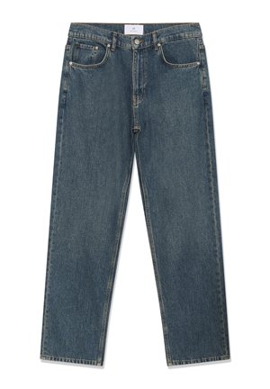 Dunkelblaue Jeans aus Denim mit geradem Schnitt, Five-Pocket-Design und sichtbaren Nähten. Hat ein Etikett am hinteren Bund.