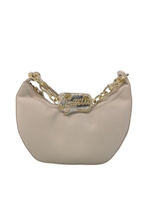 Borsa a tracolla beige con texture, dotata di una robusta tracolla in oro e un'etichetta con il logo Gaelle in oro avvolta in plastica trasparente sulla parte superiore.