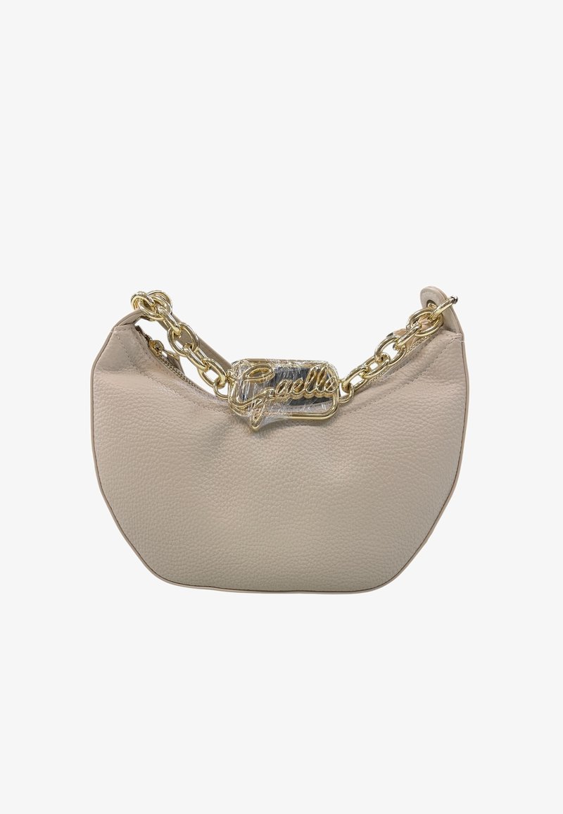 Borsa a tracolla beige con texture, dotata di una robusta tracolla in oro e un'etichetta con il logo Gaelle in oro avvolta in plastica trasparente sulla parte superiore.