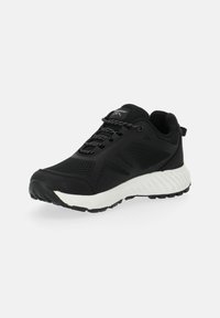 Black athletic shoe with breathable mesh panels, textured black laces, logo on tongue, and a cushioned white and black outsole.